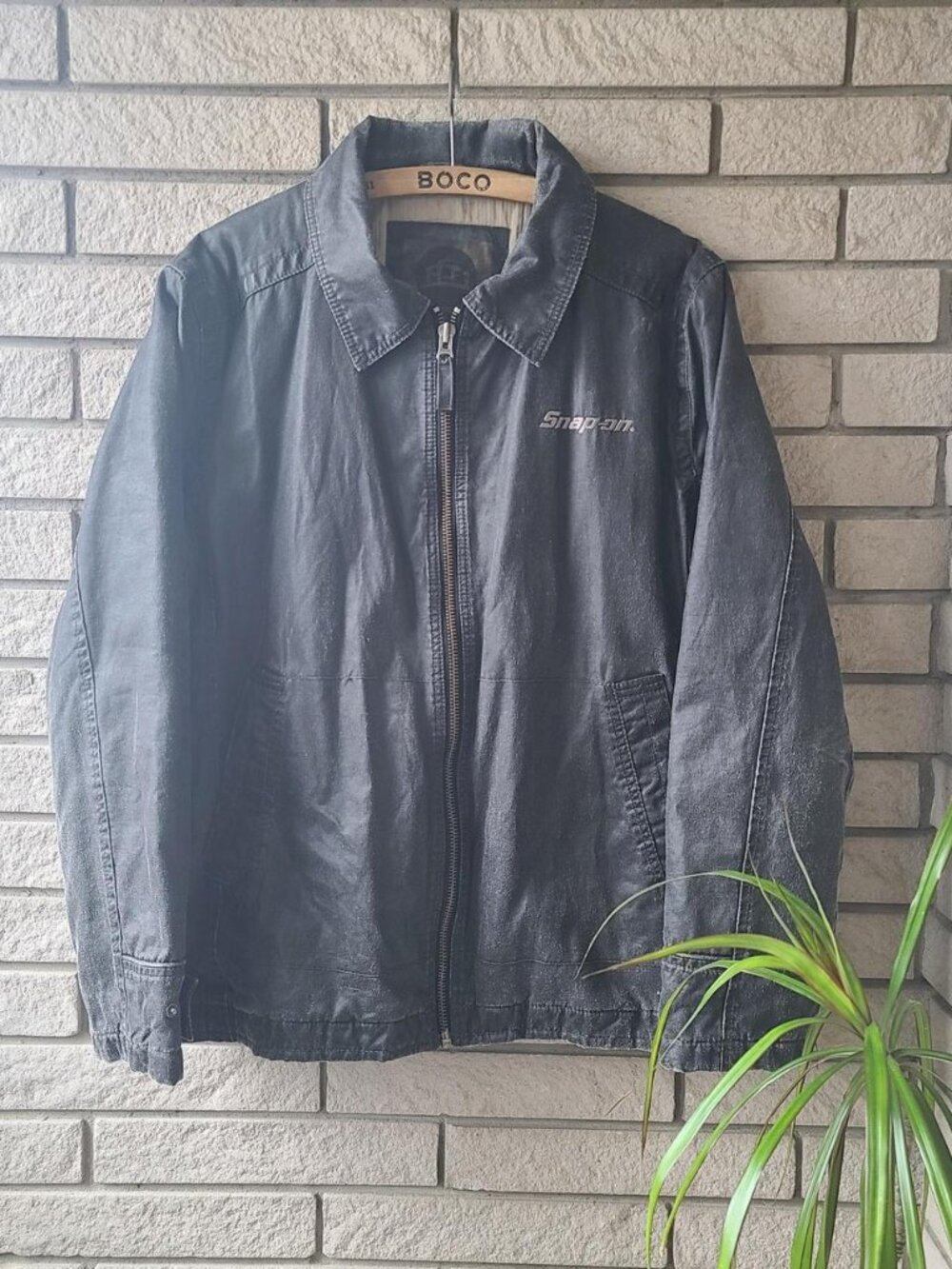 'Snap-On' faded black waxed canvas zip-up carhartt style workwear jacket men's L